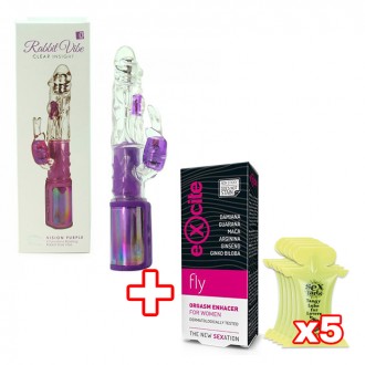 PACK MAGIC RABBIT VIBRADOR CLEAR INSIGHT MORADO + POTENCIADOR DE ORGASMO + 5X LUBRICANTE BESABLE